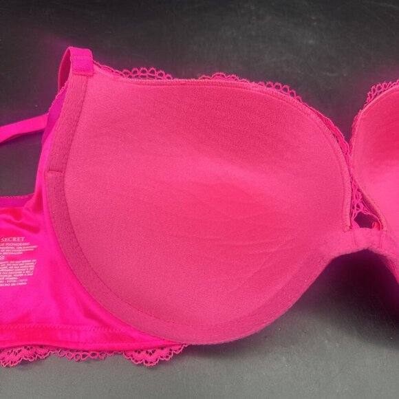 VICTORIA’S SECRET Plunge Hot Pink Lace Push Up Underwire Bra Sz 36D Sexy - Picture 7 of 12